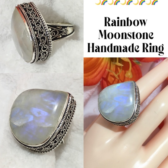 Handmade Natural Rainbow Moonstone Ring Jewelry - White Labradorite Moonstone Chunky Handmade Ring